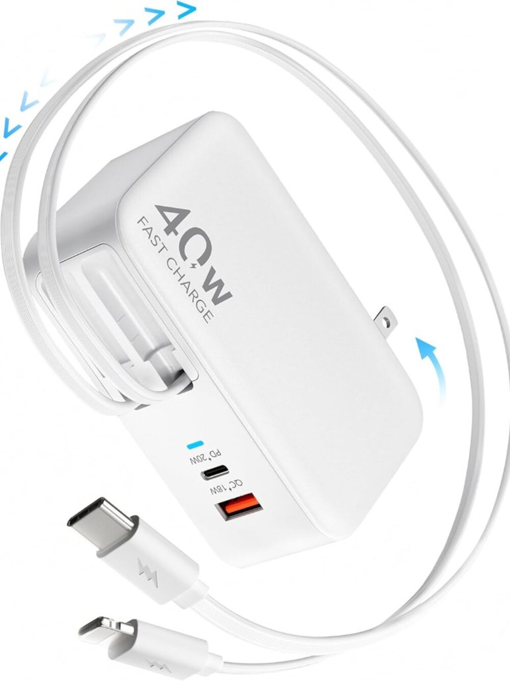 Retractable 40W USB C Fast Charger Wall Plug with Built-in 90cm/35.5in Type C